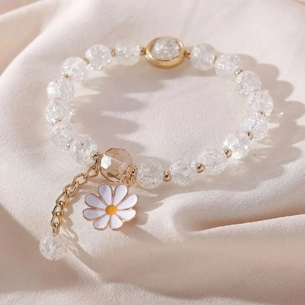 Daisy charm bracelet white gold chain women's dress jewelry cute girls flower